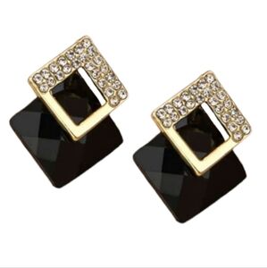 Geometric Black & Crystal Square Drop Earrings